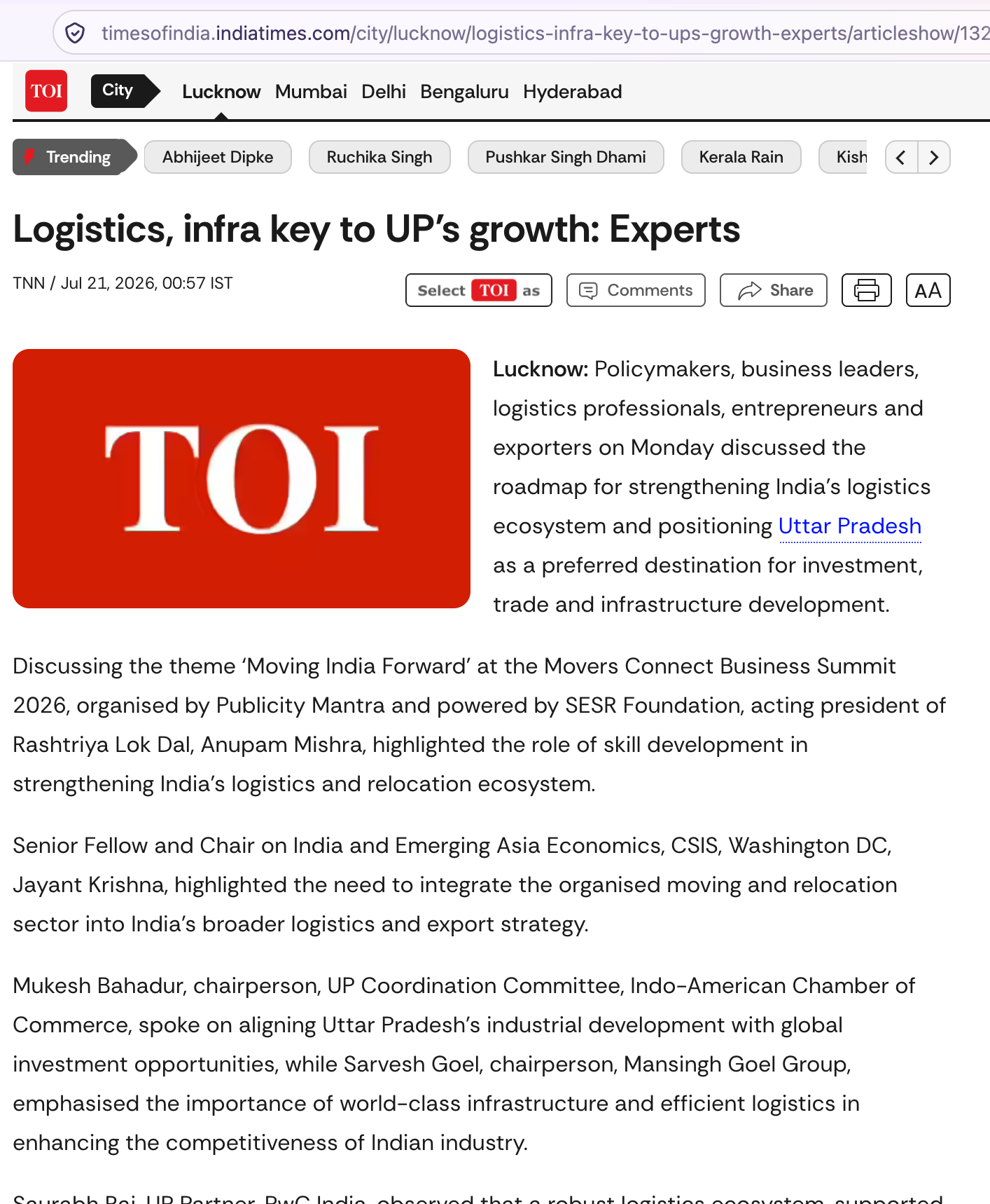 IndiaTimes, Time of India Movers Connect Summit News